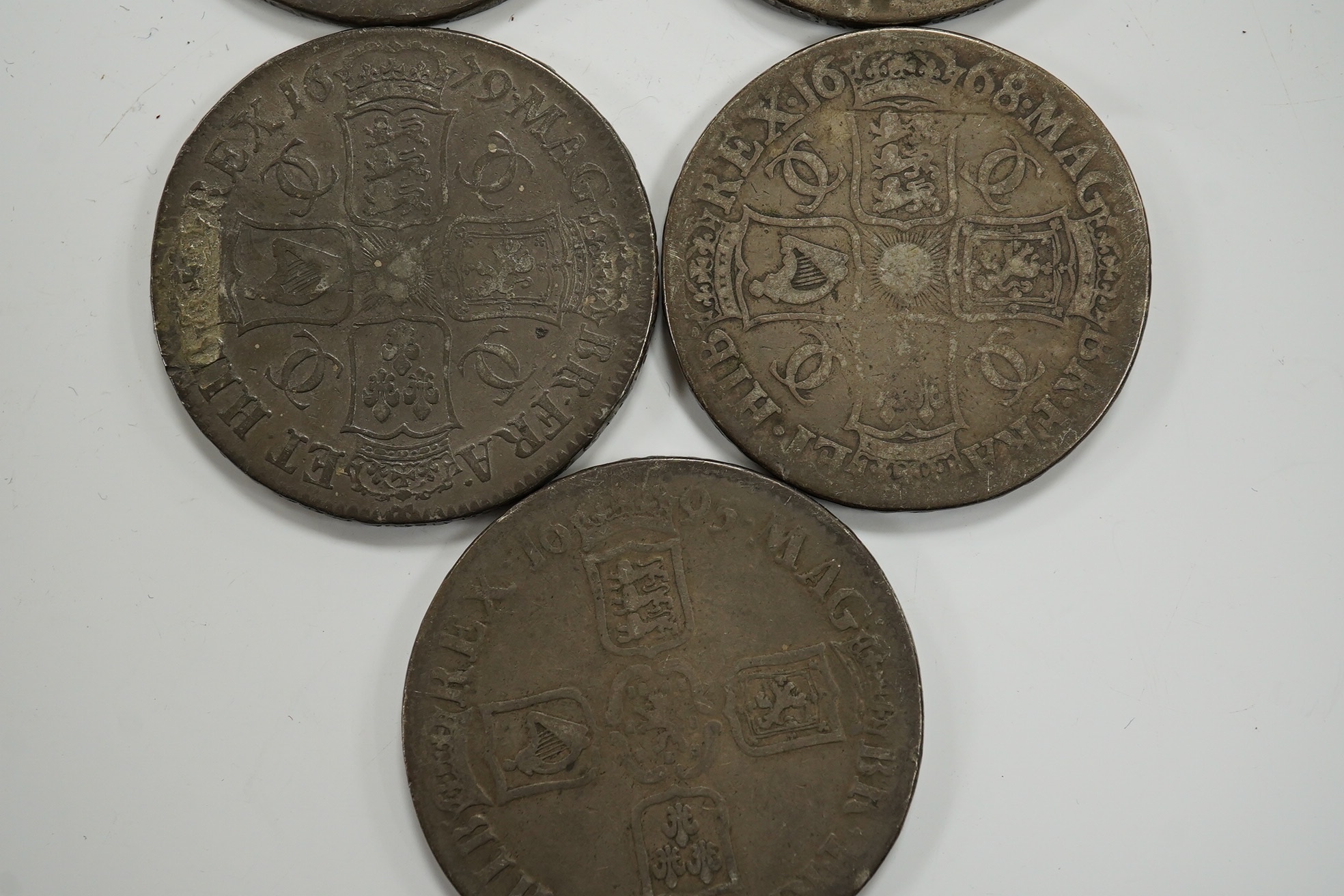 British silver coins, Stuart period, two Charles II crowns, Charles II half crown, William III crown, Queen Anne crown, William and Mary half crown